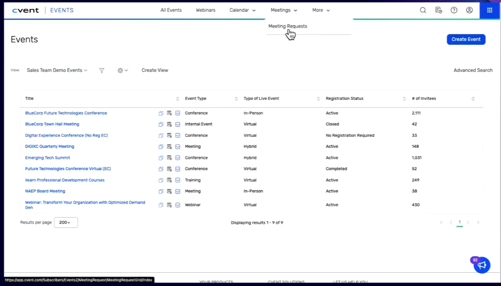 screenshot of Cvent Event Management